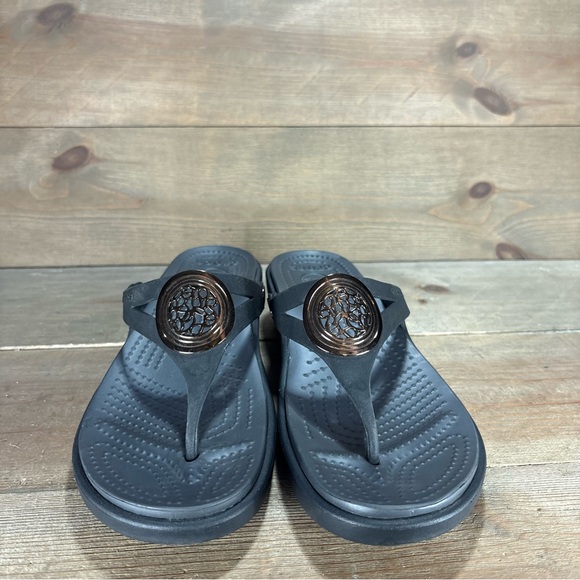 Crocs Sanrah womens size 8 shoes black slip on wedge thong sandals - Picture 5 of 9